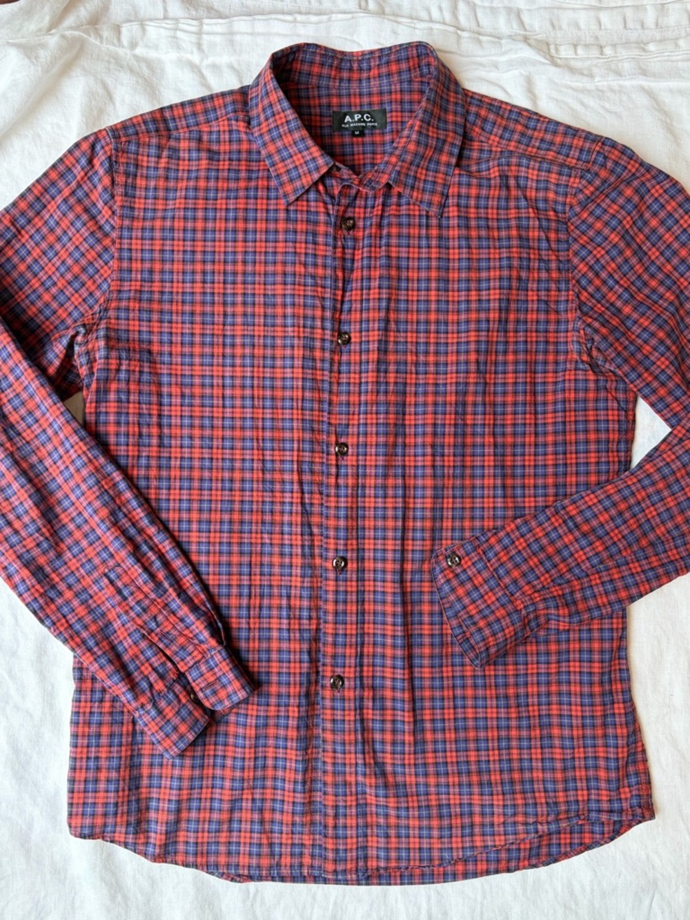A.P.C. Red and Blue Plaid Casual Button-Down Shirt